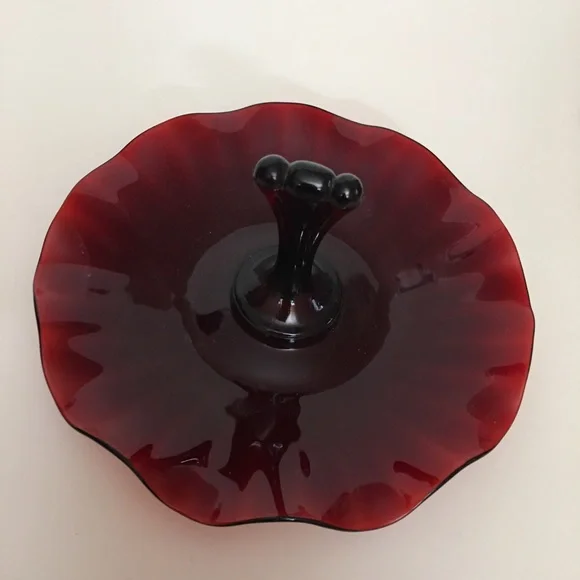 Vintage art Deco Cranberry Glass Candy Dish Wavy Edging with Handle Trinket Tray - Picture 6 of 11